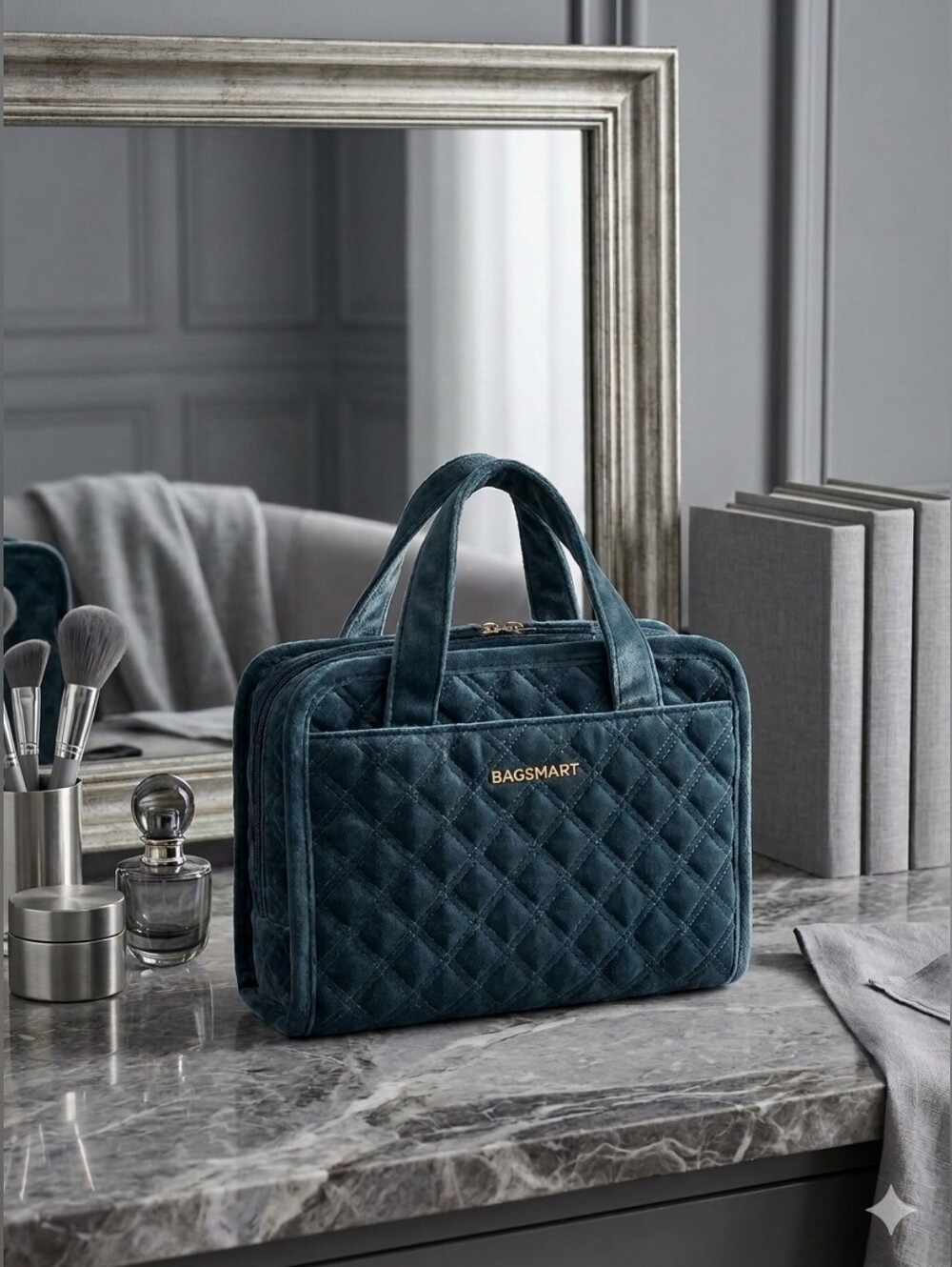 Blue Velvet Quilted Makeup And Jewlery Organizer Bag